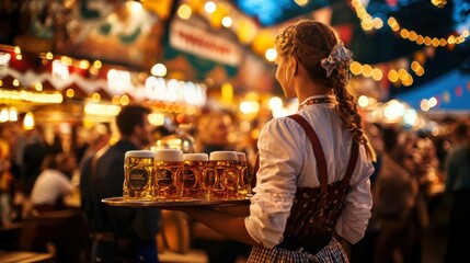 A detailed shot of a waitress in a dirndl holding a tray with large beer mugs and plates of traditional Bavarian food, she is walking through a bustling Oktoberfest tent filled with people enjoying