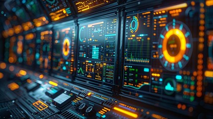 Obraz premium Solar Cells with High-Tech Monitoring Systems: Solar cells surrounded by advanced monitoring equipment and screens displaying real-time energy data.