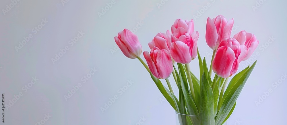 Poster pink tulips in a vase against a white backdrop with copy space image
