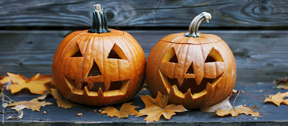 Poster Two Jack o lantern pumpkins with different expressions arranged horizontally on a dark wooden surface set against a backdrop of autumn leaves offering copy space for an image