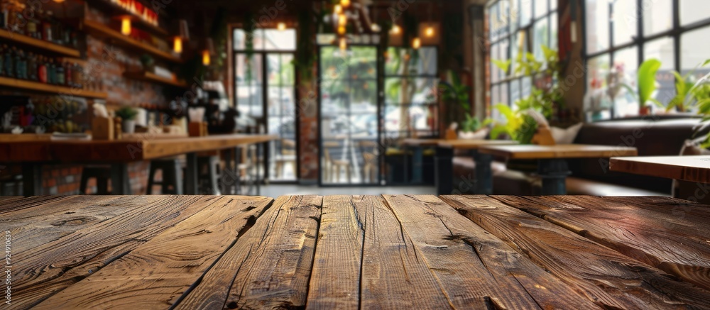 Leinwandbilder a wood table in a cafe or coffee shop background ideal for displaying or montaging items with copy s