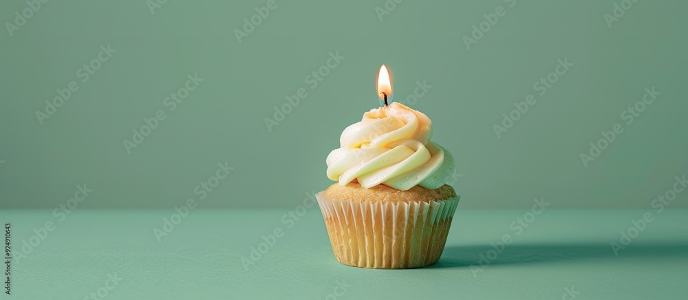 Aufkleber A tasty cupcake with a lit candle is placed on a soft green backdrop leaving room for a message in this copy space image