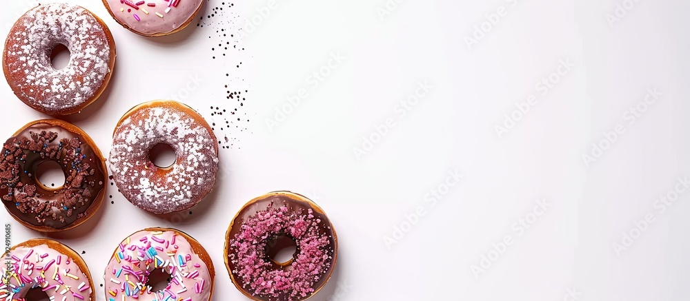 Leinwandbilder glazed donuts on white background with room for text in a flat lay copy space image