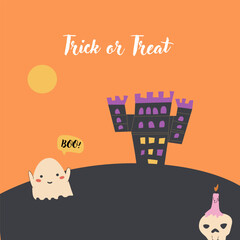 Childrens Halloween Holiday greeting card or invitation. Square template. Happy Halloween celebration design with cute character - ghost. Trick or treat party template.