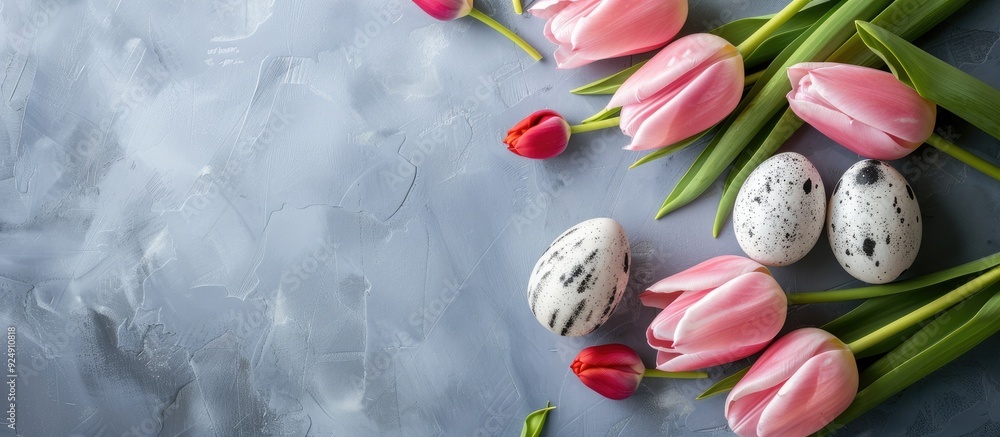 Poster background with tulips eggs perfect for easter spring with abundant copy space image