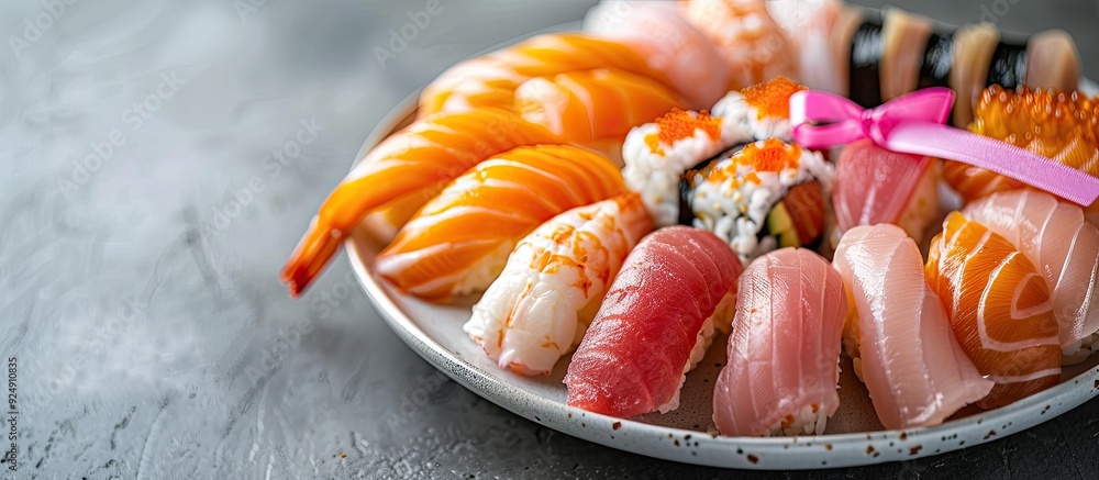 Poster A platter displaying various nigiri sushi types featuring assorted fish nigiri and one topped with a breast cancer awareness ribbon set against a neutral background showcasing copy space image