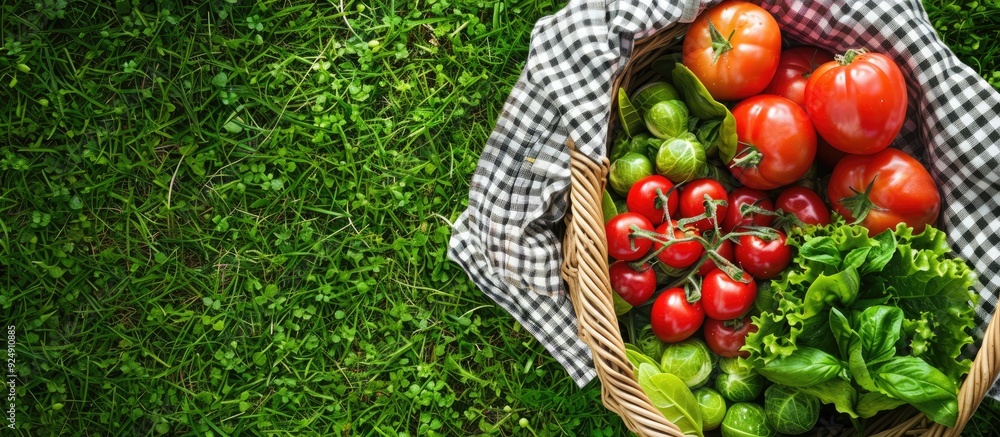 Poster horizontal image of a picnic basket filled with fresh summer food on green grass with ample copy spa