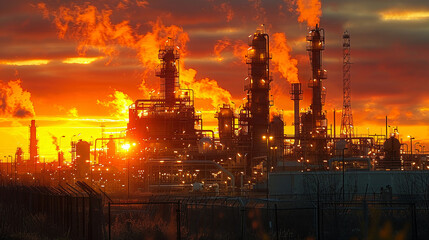 Industrial landscape large factory multiple silos, smokestacks emitting steam, complex piping system