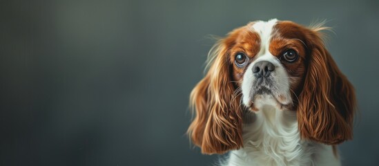 Naklejka premium A King Charles Spaniel is sitting inside a studio with a copy space image available nearby