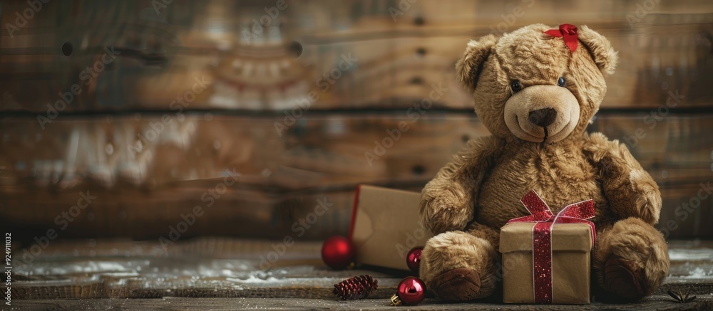 Canvas Prints teddy bear in a gift box on a vintage wooden backdrop with a space for additional text or image depi