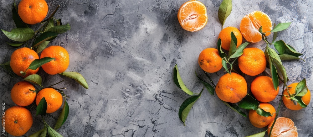 Poster tasty tangerines on a grey backdrop with copy space image