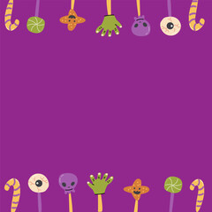 Halloween cute frame or border with funny spooky candy, lollipops,