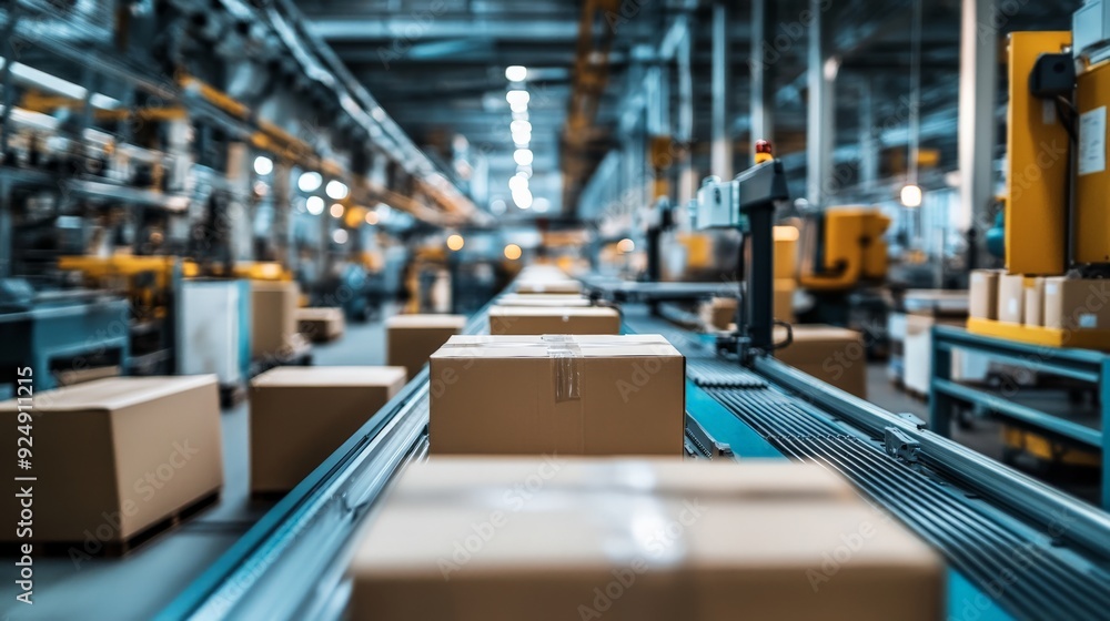 Poster automated conveyor belts with cardboard boxes in a modern warehouse or logistics center, showcasing 