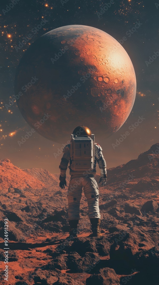 Poster astronaut standing on mars looking at red planet in the sky