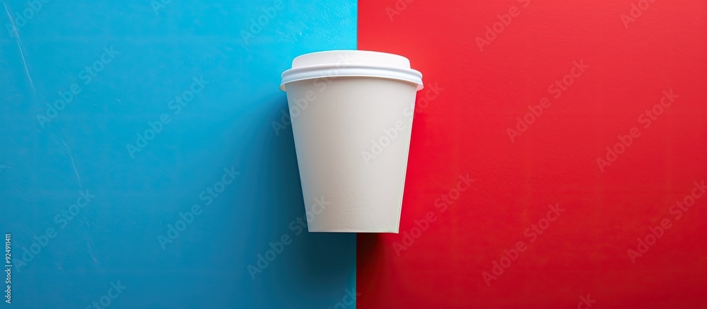 Fototapete Minimalistic top view image of an empty paper coffee cup on a blue and red backdrop with ample copy space