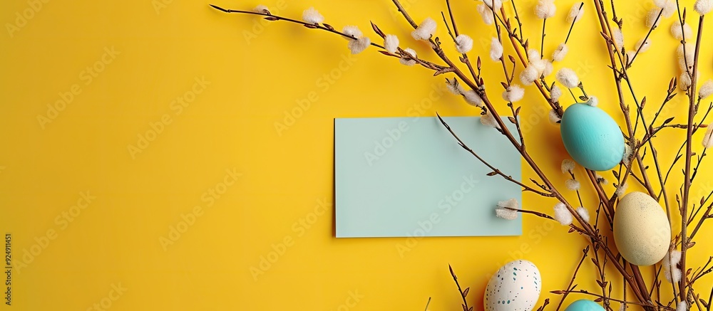 Poster easter themed with willow branches an empty card and copy space image against a vibrant yellow backd