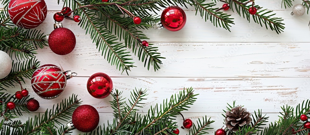 Aufkleber festive christmas setting featuring a new year themed border of evergreen twigs and red holiday orna