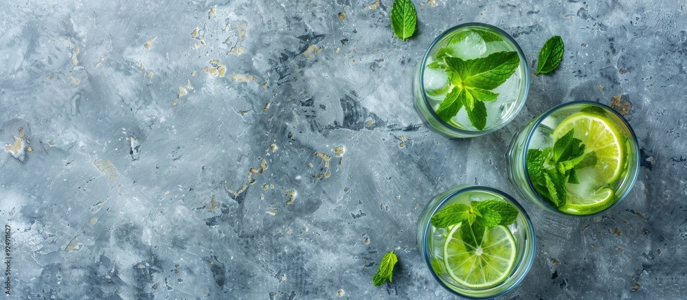 Aufkleber top view image of two highball glasses with a traditional mojito cocktail featuring rum mint lime ju