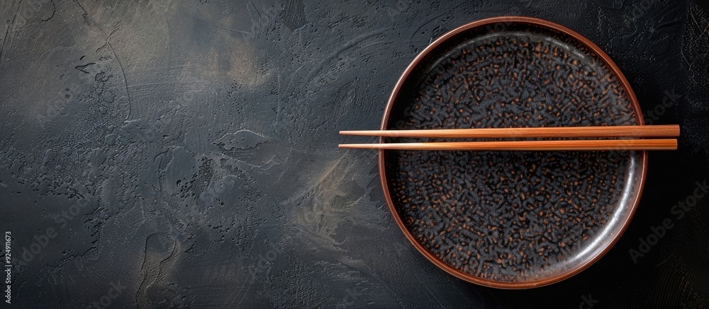 Poster a traditional japanese chopstick plate is seen from above on a dark backdrop providing copy space fo