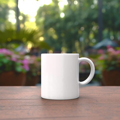 Mug Mockup. Blank white mug mockup with green garden background. Mockup of beverage, coffee, tea or milk cup for artwork display or presentation.