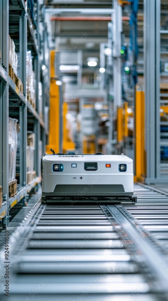 Poster automated robot moving through a modern warehouse with tall shelves, representing advanced technolog