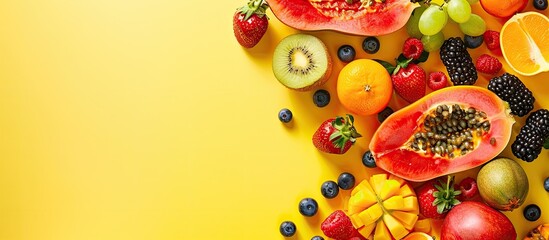 A top down view of vibrant summer fruits arranged on a bright yellow backdrop with ample space for additional images