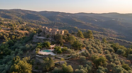 Spanish Hilltop Castle, Olive Groves, Serene Scenery Panorama