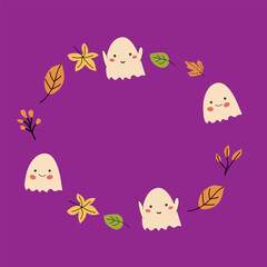Halloween cute frame or border with funny characters, Ghosts and fall leaves childish design.