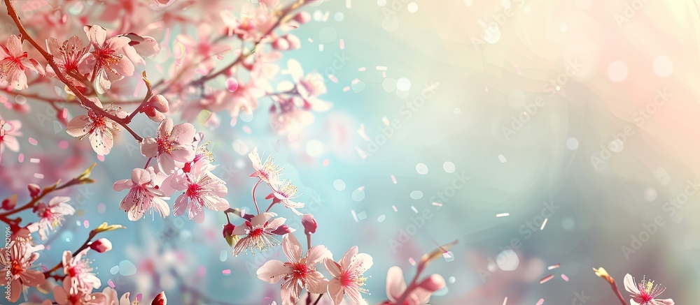 Poster spring themed banner featuring blooming plum branches as an abstract natural background ideal for ea