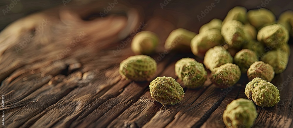 Leinwandbilder peanuts with a wasabi coating displayed on a wooden surface providing an enticing copy space image