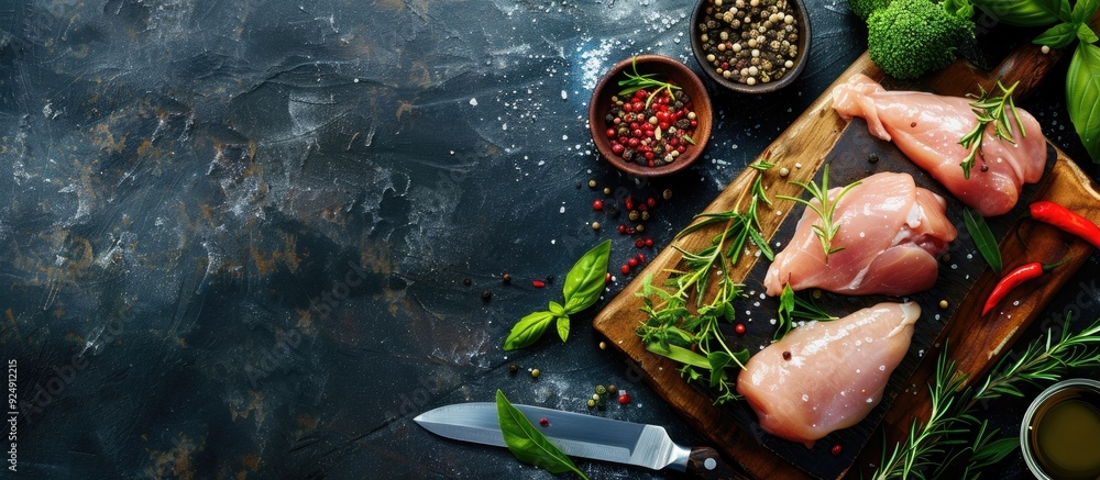 Poster top down view of raw chicken breast fillets on a wooden cutting board with herbs spices knife and am