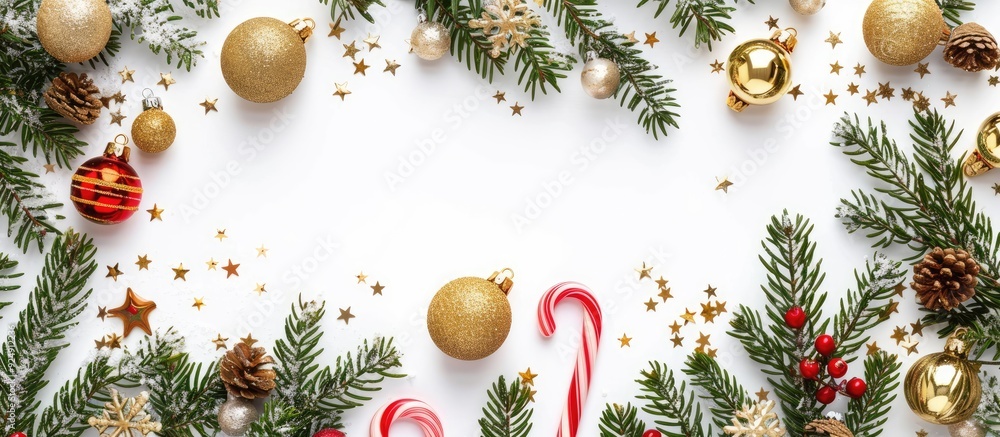 Poster top view of golden christmas ornaments peppermint candy cane and fir branches on a white backdrop wi