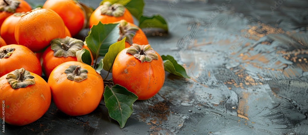Poster a tabletop displays ripe persimmon fruits with copy space image