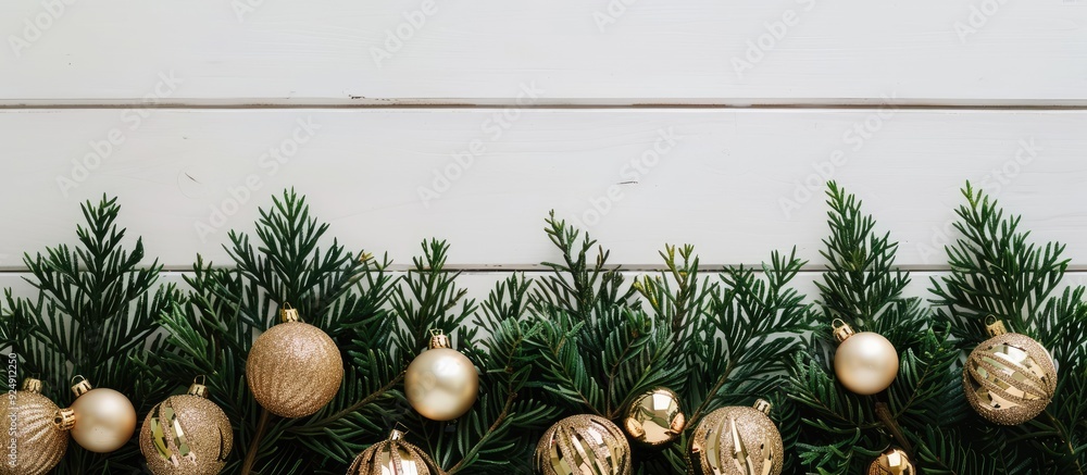 Poster gold christmas ornaments shining on lush green fir branches against a white wooden backdrop in a fla
