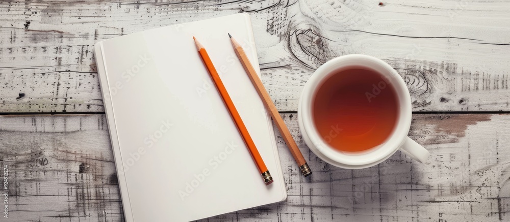 Poster from above a notebook with blank white paper pencils and a cup of tea on a table with a copy space i