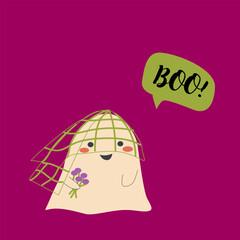 Cute halloweens ghost bride. Childrens character with funny face and speech bubble boo or spooky night.