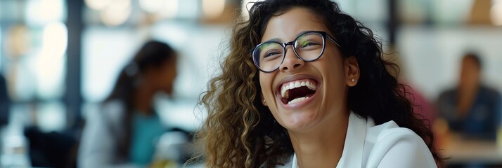 A woman with glasses is laughing heartily, surrounded by a lively and vibrant atmosphere in what appears to be a social setting.