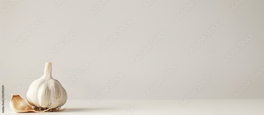 Aufkleber A garlic placed on a plain white backdrop with empty space surrounding it for text or other elements in the image. Creative banner. Copyspace image