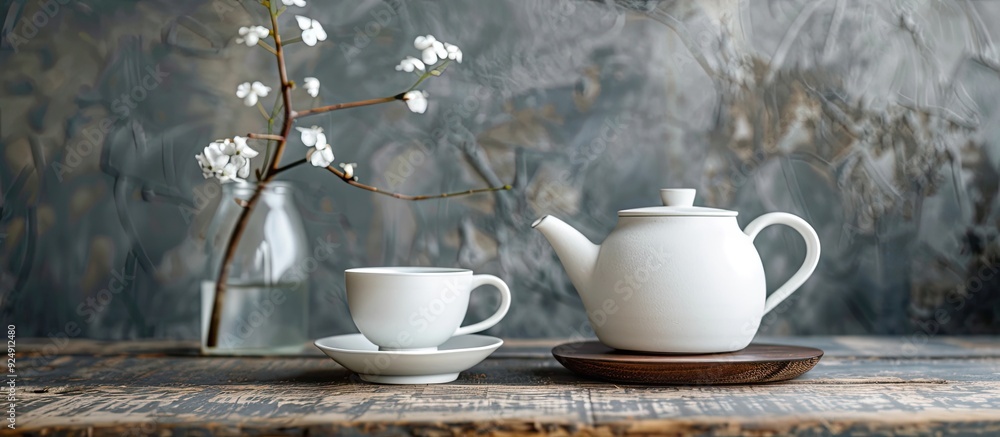 Poster A white ceramic teapot with accessories on a wooden table in a horizontal frame creating a serene tea time atmosphere with a ritual of making and drinking tea including copy space image