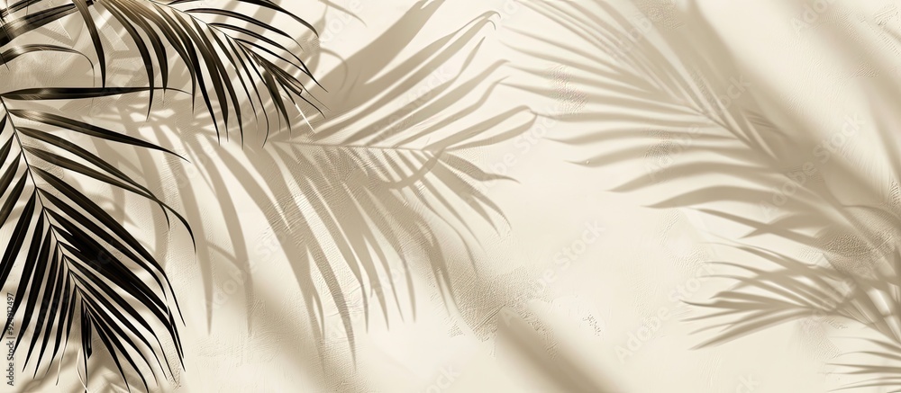 Poster a monochrome summer themed mockup capturing sunlight and palm leaves on a beige background with ampl