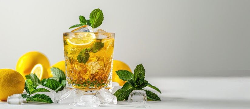 Fresh lemons and mint leaves complement a Virgin Mint Julep in a clear glass on a white background with copy space image