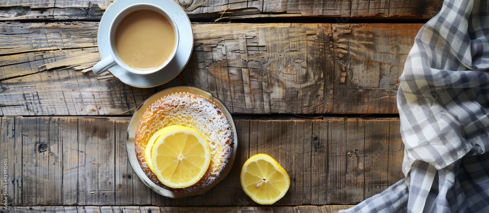 Poster Top view of a lemon cake placed on a rustic wooden surface next to a cup of coffee creating a cozy composition with copy space image