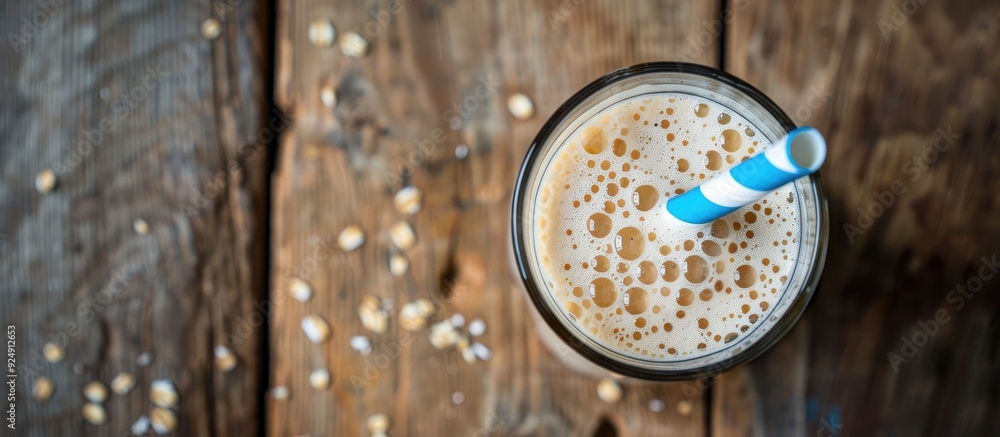 Poster A glass of oat milk with a blue paper straw on a wooden background perfect for adding text or images in the copy space image