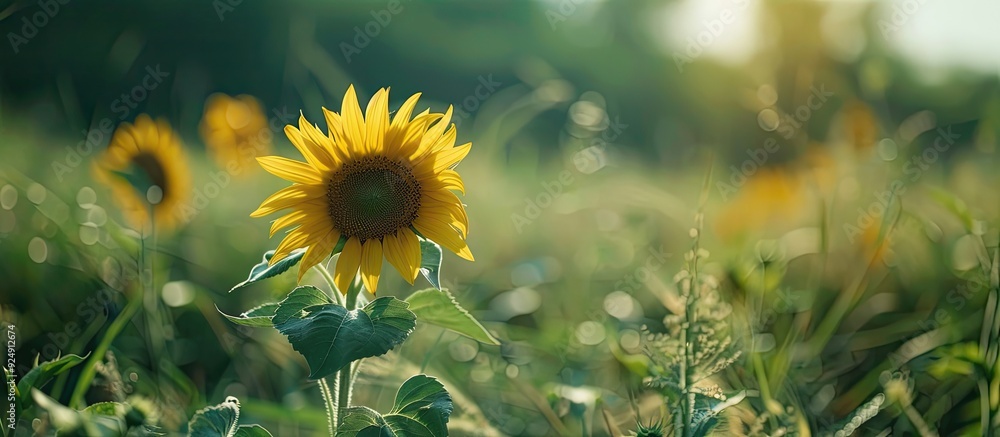 Poster a single sunflower in a lush green summer field with selective focus ideal as a copy space image