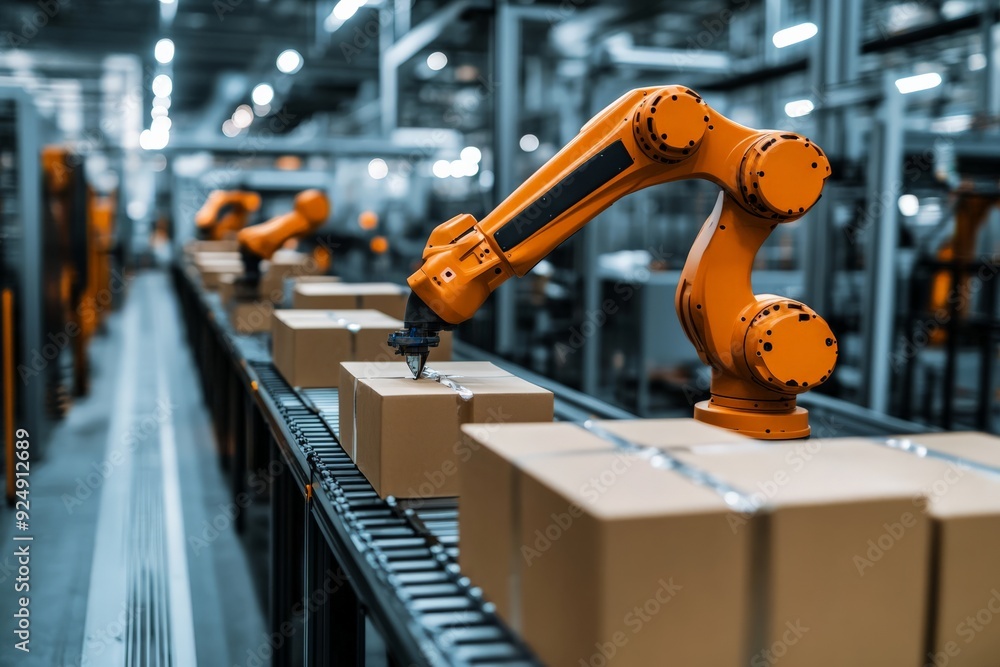 Poster automated robotic arms efficiently handle cardboard boxes on a conveyor belt in an advanced manufact