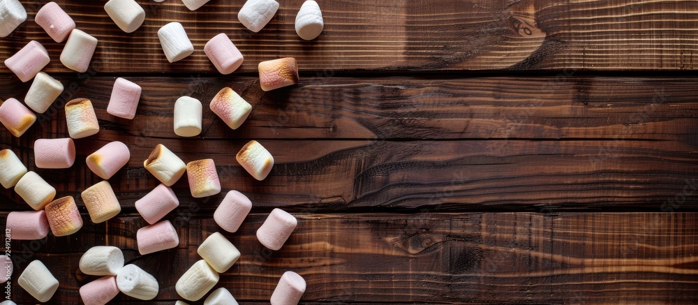 Poster wooden backdrop with marshmallows offering a copy space image for customization