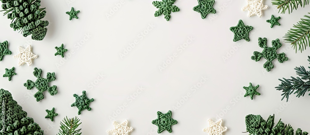 Poster scandinavian handmade christmas composition featuring crocheted green snowflakes and stars on a whit
