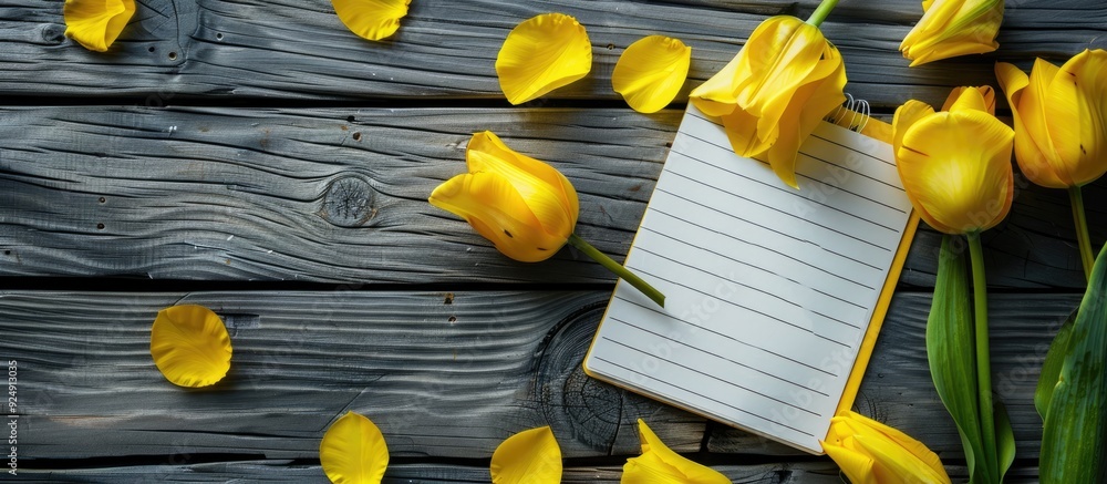 Aufkleber Yellow tulips rose petals and a notepad are displayed on a dark gray wooden table with a close up view offering a copy space image for a Women s Day greeting card