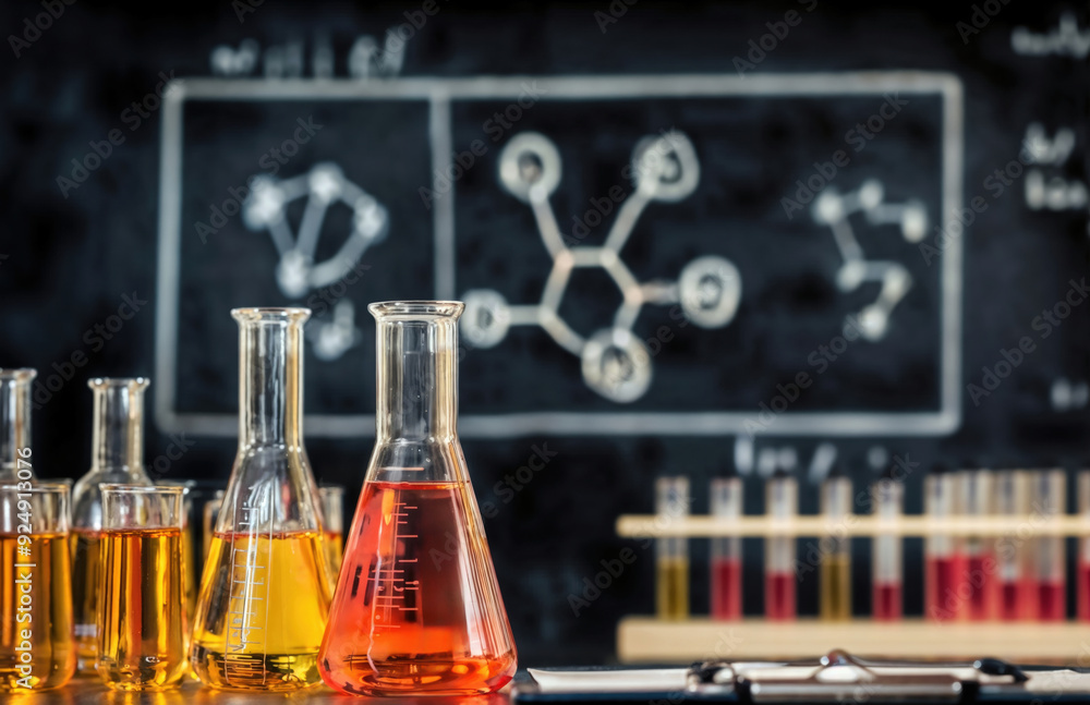 Poster chemical laboratory equipment showing a row of glass flasks containing red and yellow liquid in fron