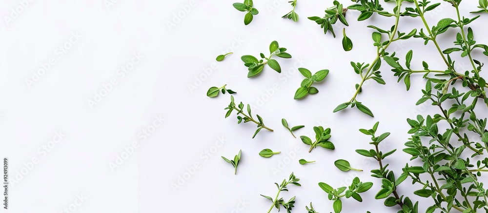 Poster Top view of fresh thyme on white background with clipping path and full depth of field ideal for adding text in the copy space image